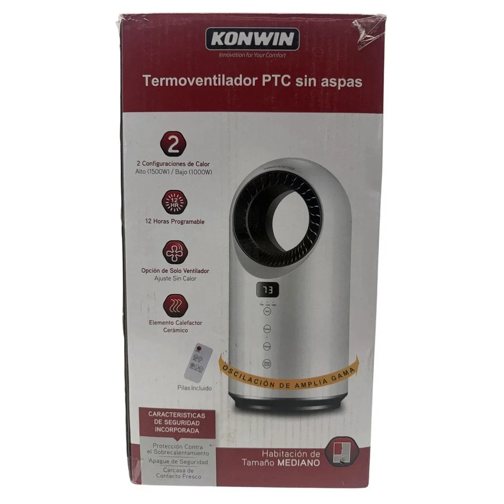 Konwin PTC-12H Bladeless Ceramic Fan Heater 1500W Oscillating Open Box w/ Remote